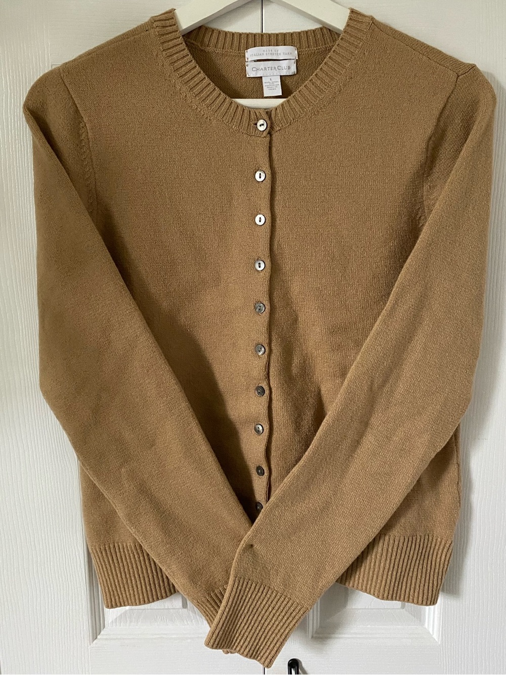 Charter Club Italian Stretch Yarn Crewneck  baby Cardigan Camel abalone buttons